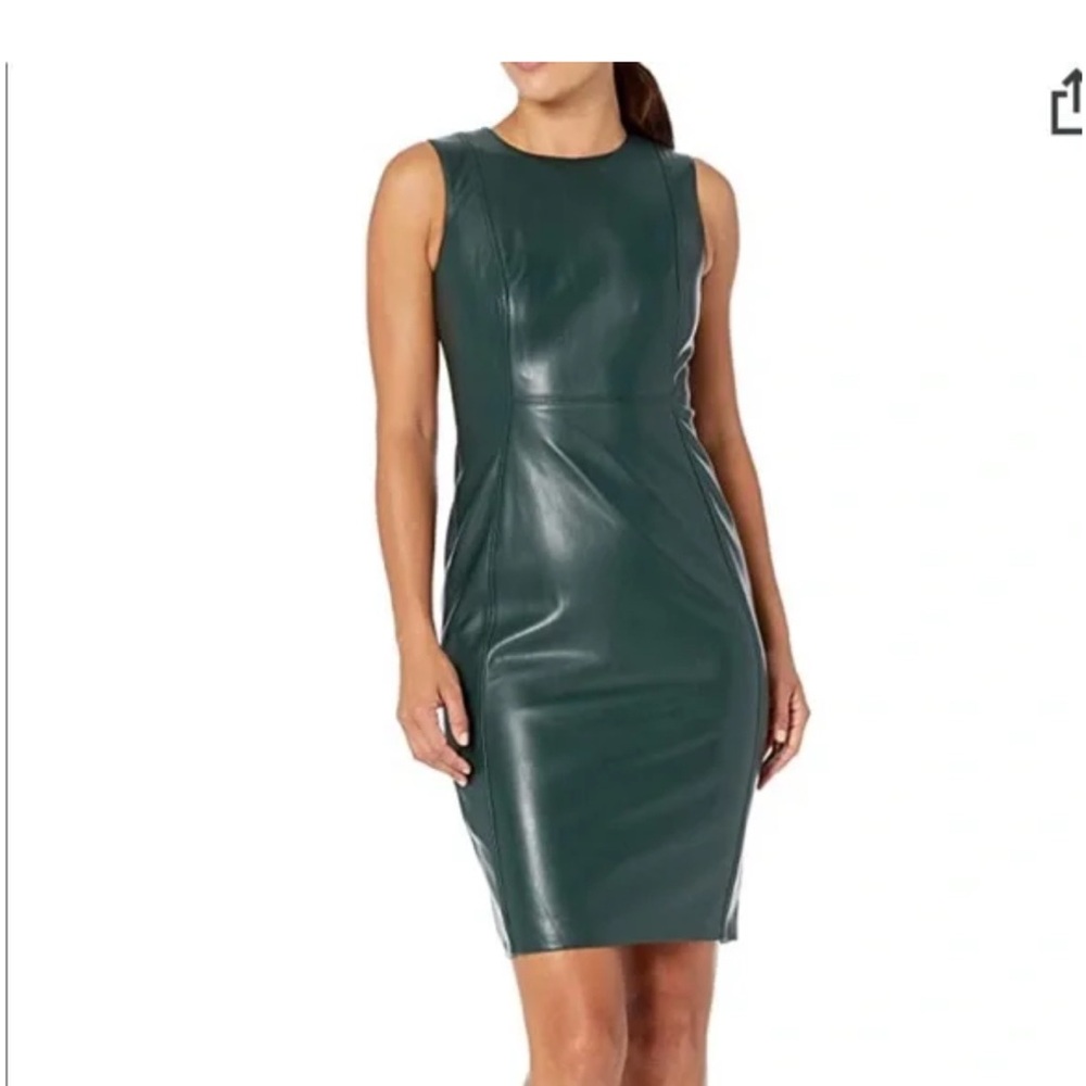 Calvin Klein faux leather forest green sheath dress. Size 10